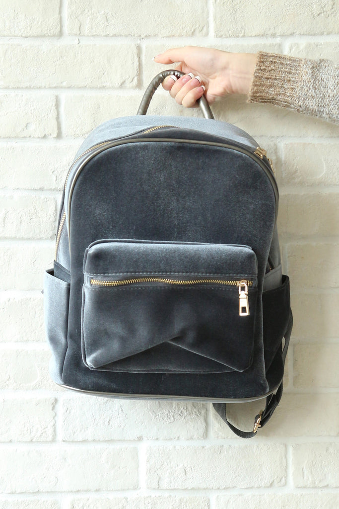 grey velvet backpack