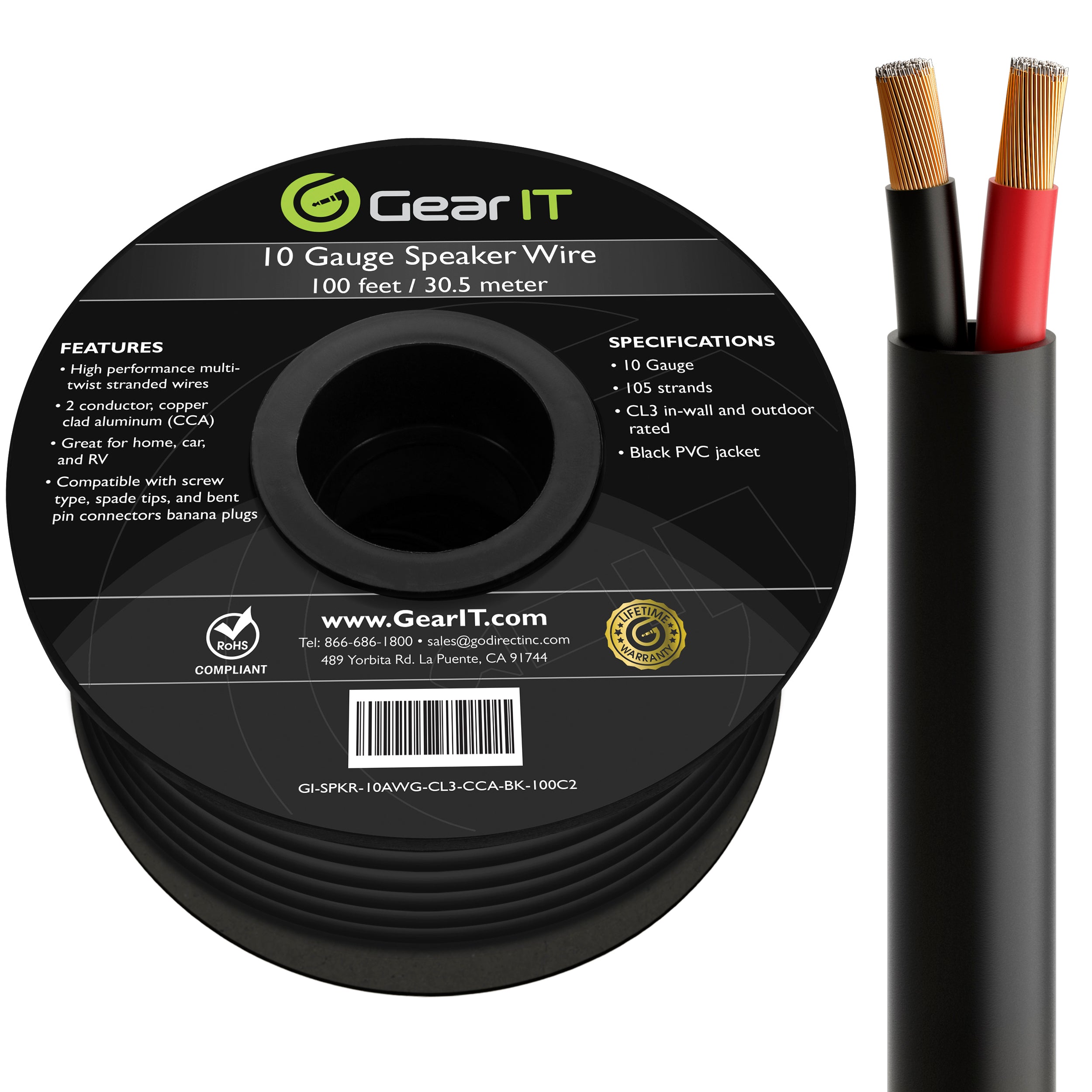 GearIT 10/2 Outdoor Speaker Wire 10 Gauge CCA - CL3 Rated for Direct Burial in Ground