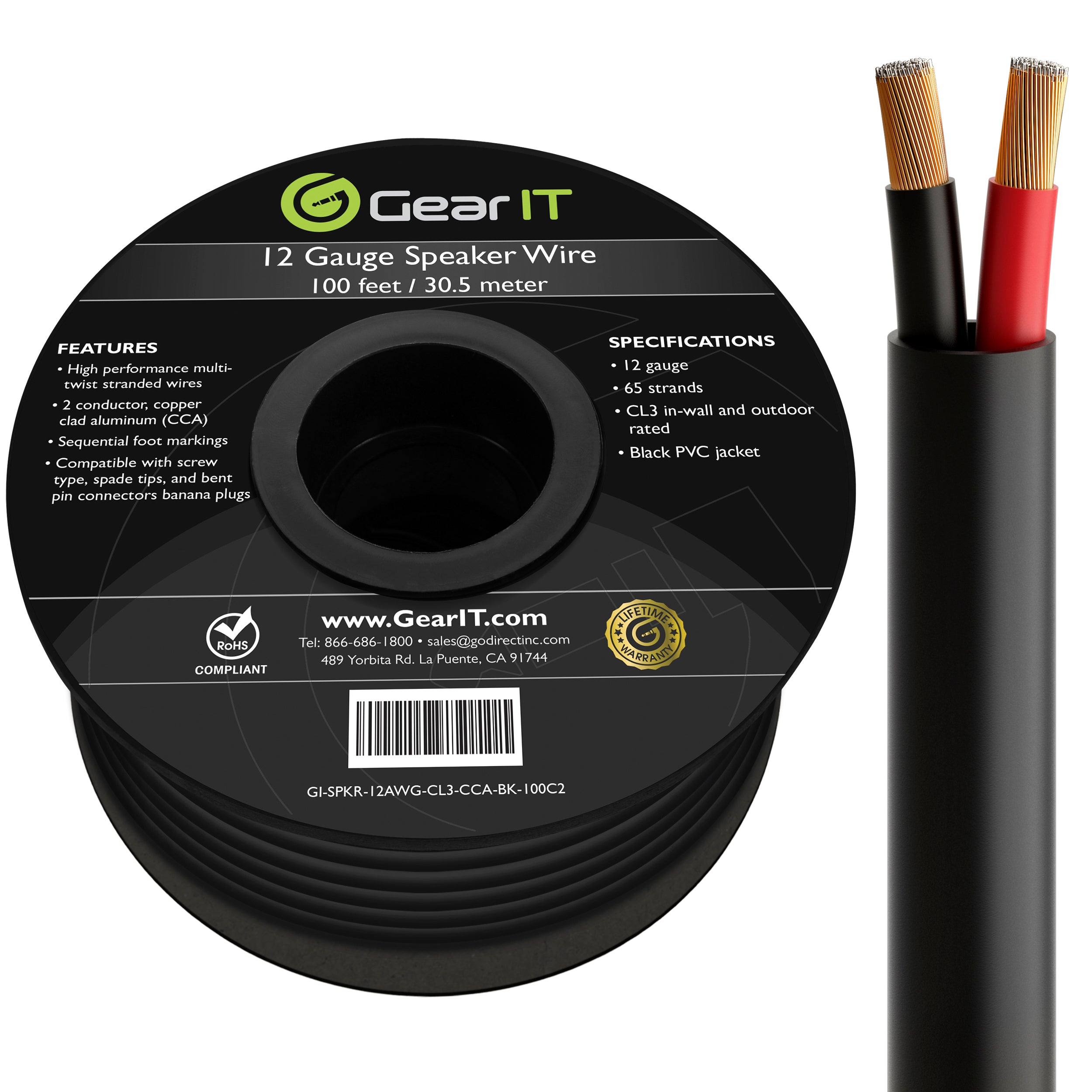 GearIT 12/2 Outdoor Speaker Wire 12 Gauge CCA - CL3 Rated for Direct Burial in Ground