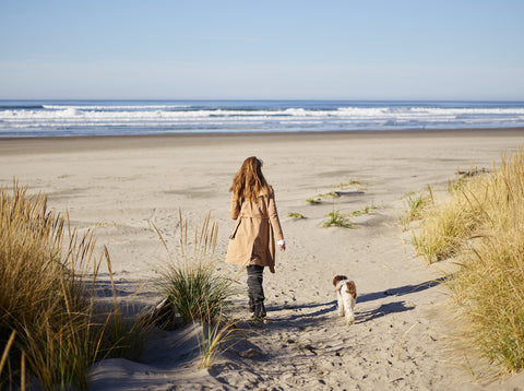 Woman walking a dog on the beach.
