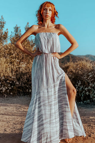 strapless ruffle maxi dress