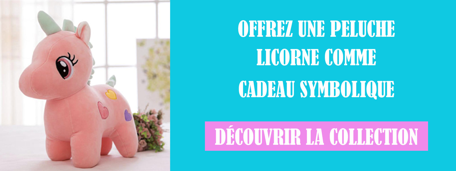 peluche licorne rose avec des cœurs