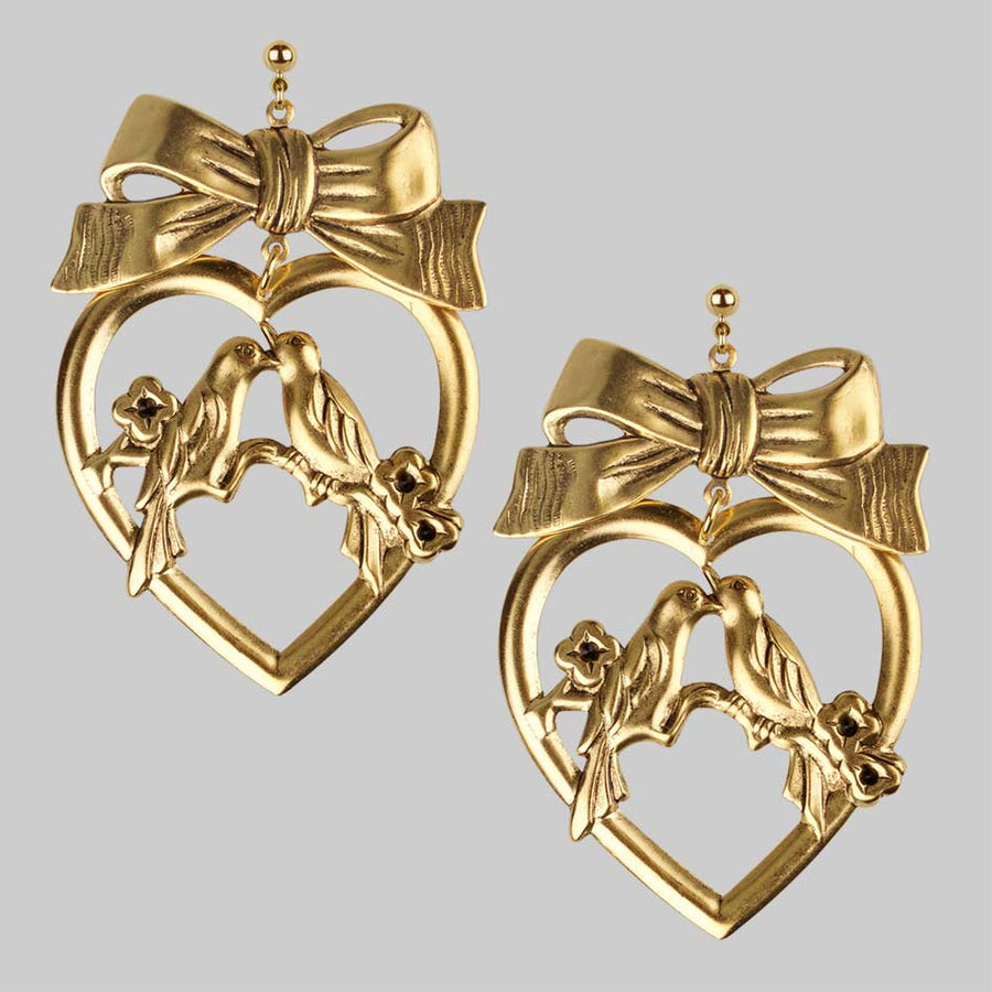 Lovebirds Heart Bow Earrings Gold Regalrose