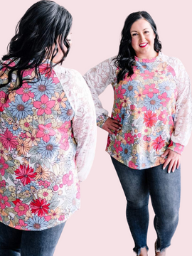 Lucy Lace Detailed Long Sleeve Top In Summertime Florals