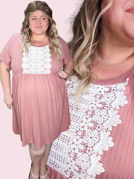 Geneva Mauve Pink Ribbed Dress w/Crochet Accent