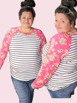 Eliza Striped Raglan w/Hot Pink Floral Sleeves