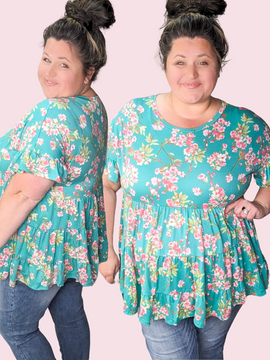 Julia Floral Tiered Top w/Ruffle Sleeves in Teal