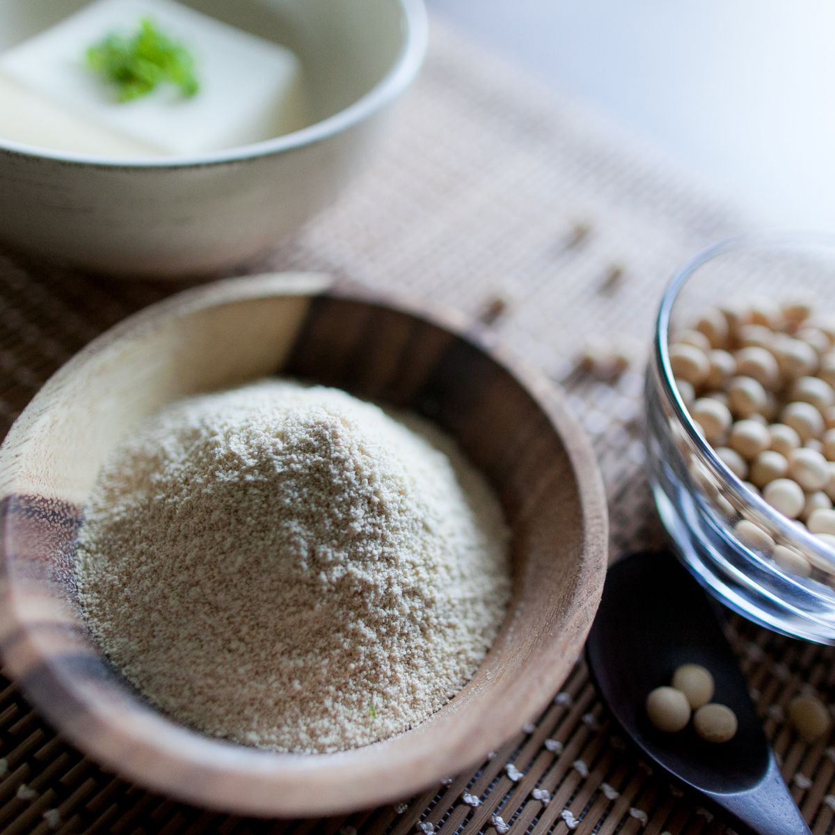 A bowl of okara powder, soy beans, and tofu