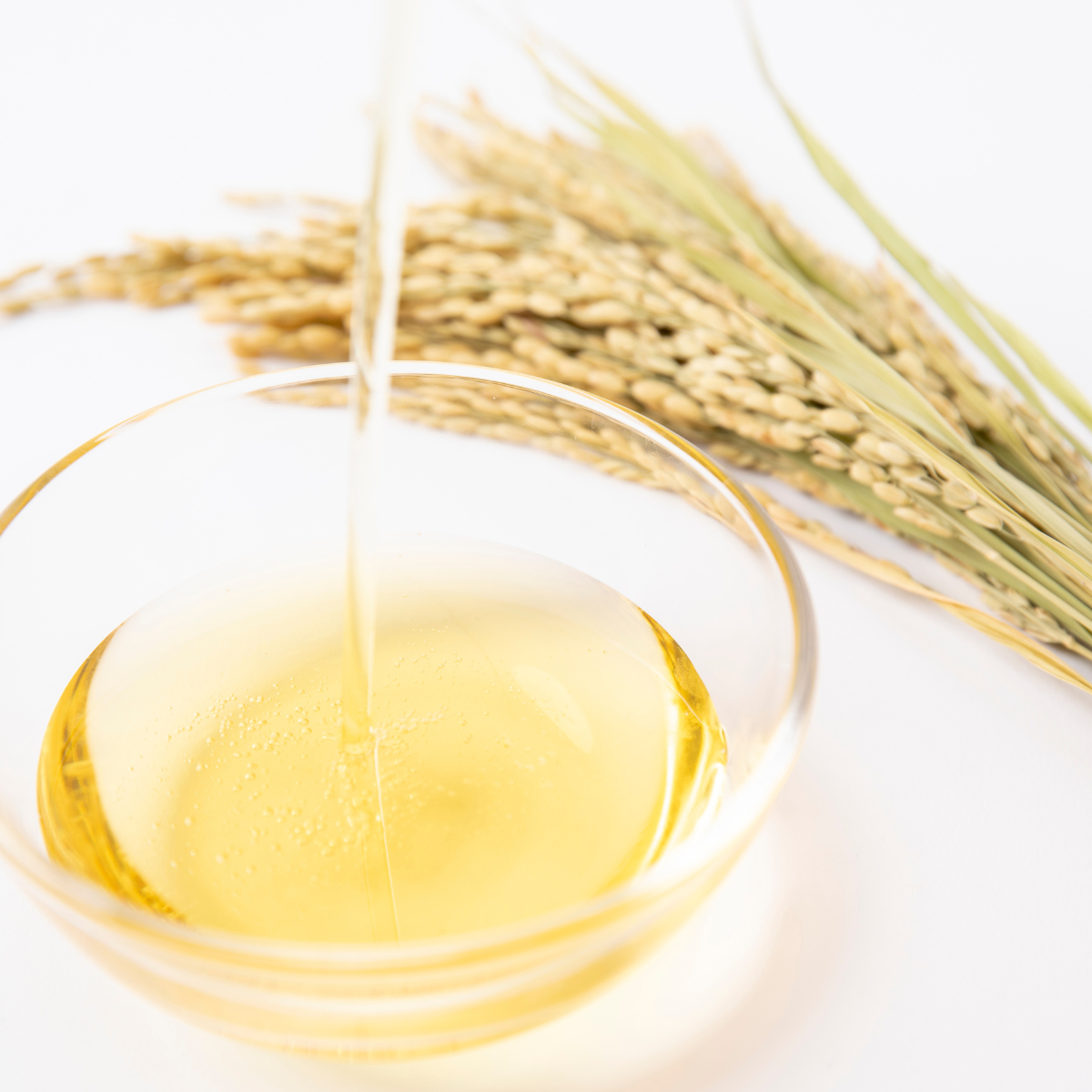 A bowl of rice bran oil and a bunch of rice crop