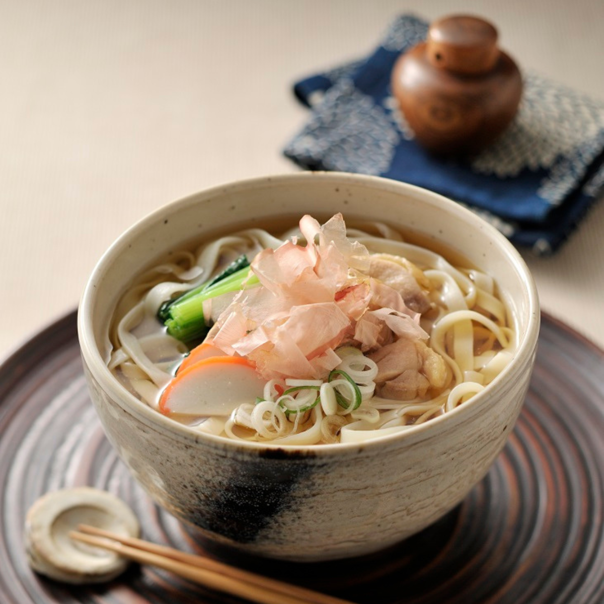A bowl of kishimen udon noodles soup