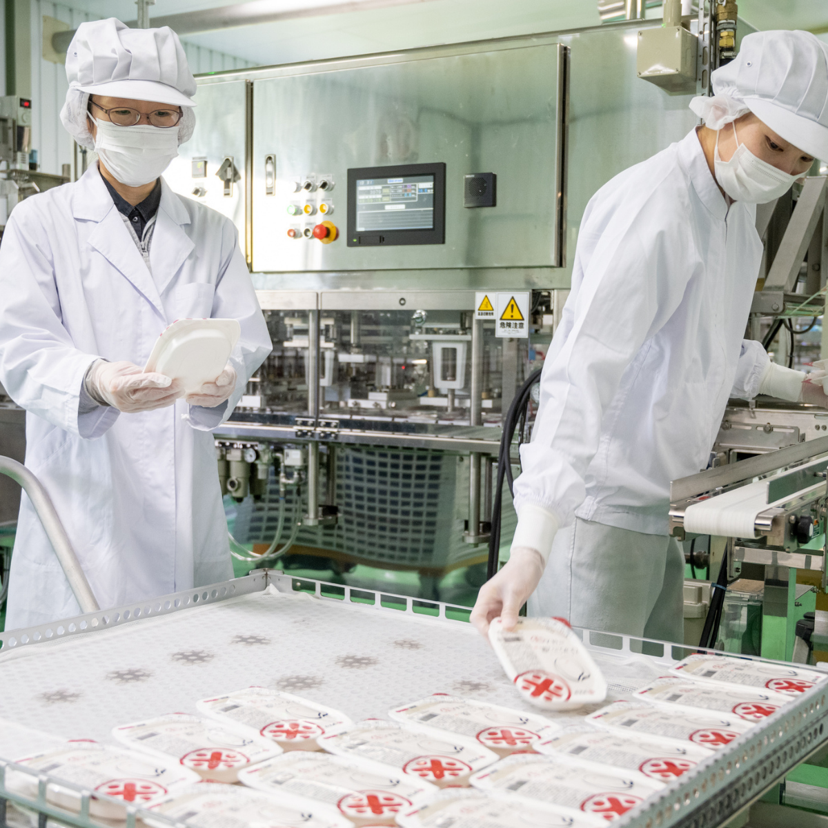 Two women inspecting quality of products