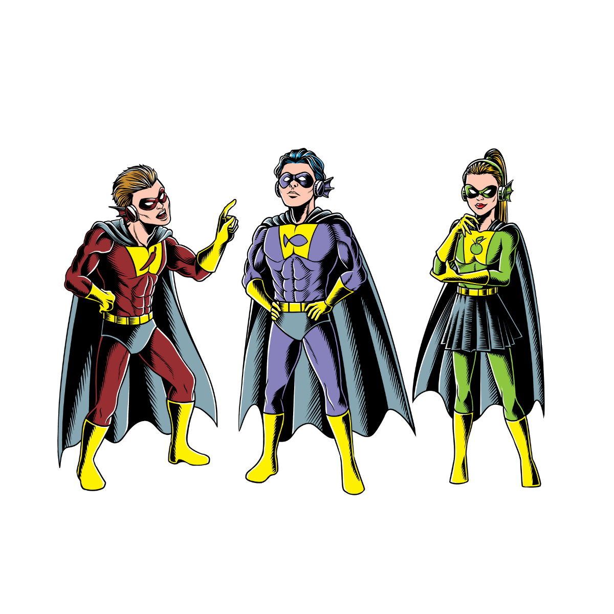 Three superman like comic characters standing