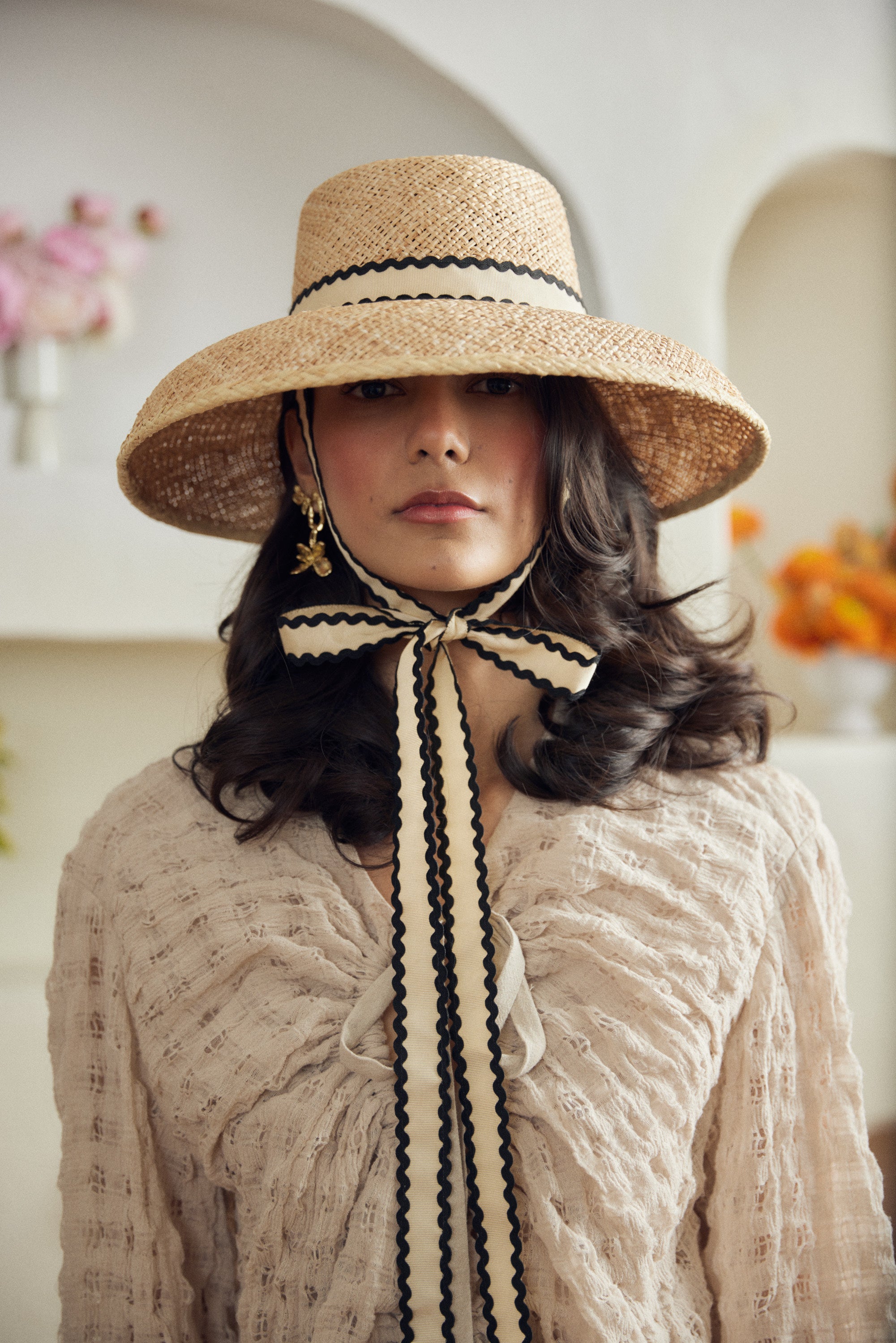 Women's Small Upturned Brim Straw Hat with Ribbon - Peter Beaton 58 cm