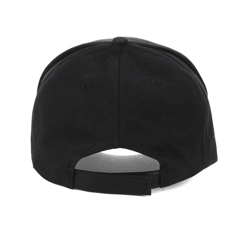 the back of a black baseball cap