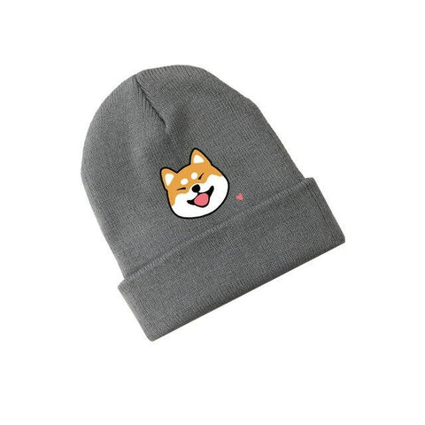 gray beanie with a shiba logo on the front