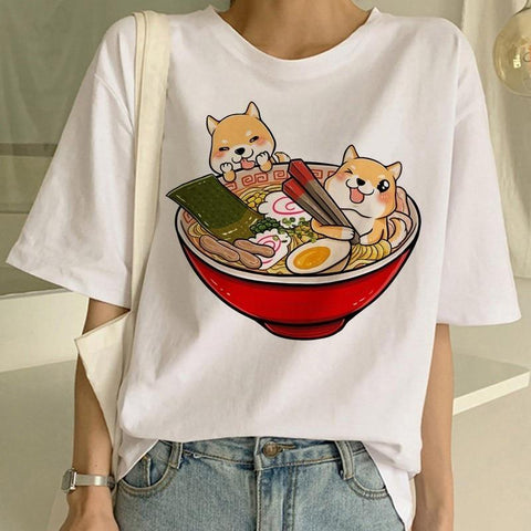 a t-shirt with two shibas in a noodle bowl