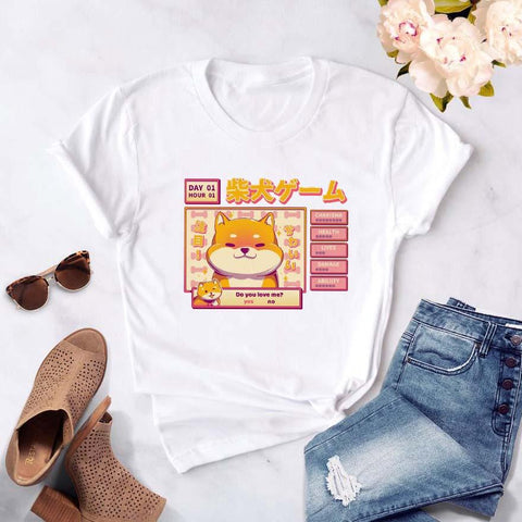 white shiba design tshirt alongside jeans and shoes