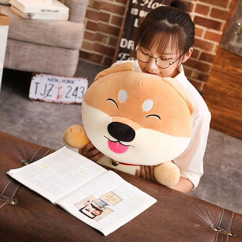 Shiba inu stuffie and a woman reading a book
