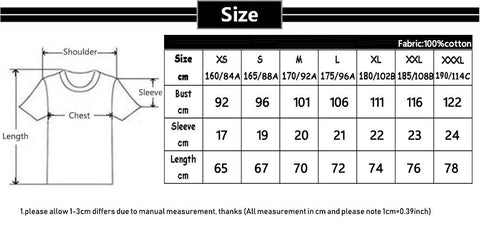 Sizes in a chart for a t-shirt that has a shiba design