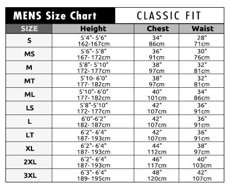 Mens Classic Fit Size Chart – C-Skins NZ
