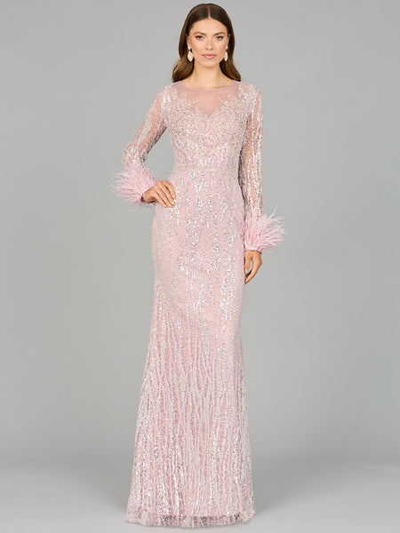 Lara 29049 - Long Sleeve Sheath Gown with Feathers Lara 29049 - Long Sleeve Sheath Gown with Feathers LARA 29049 - LONG SLEEVE SHEATH GOWN WITH FEATHERS