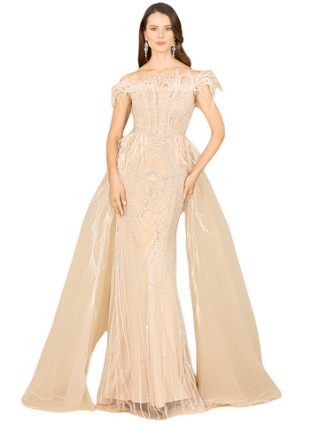 LARA 29161 -OFF SHOULDER GOWN WITH FEATHERS