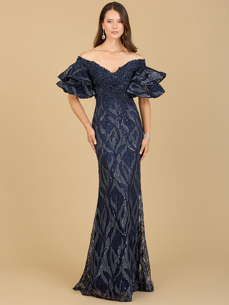 LARA 29190 - OFF SHOULDER MERMAID BEADED GOWN WITH TIERED SLEEVES