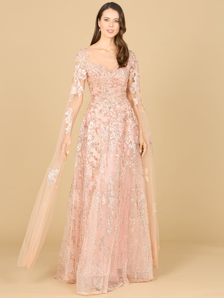LARA 29300 - LACE GOWN WITH CAPE SLEEVES, SWEETHEART NECKLINE