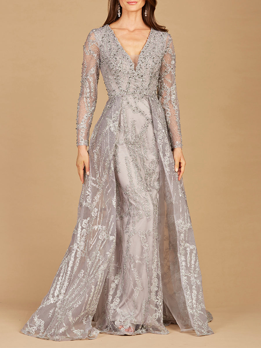 Long Sleeve Lace Gown with Overskirt