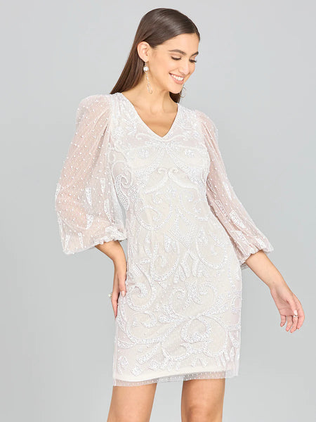 Lara 51130 - V-Neck, Balloon Sleeve Bridal Mini-Dress-Lara-2-Ivory/Nude-Lara Lara 51130 - V-Neck, Balloon Sleeve Bridal Mini-Dress-Lara-Lara LARA 51130 - V-NECK, BALLOON SLEEVE BRIDAL MINI