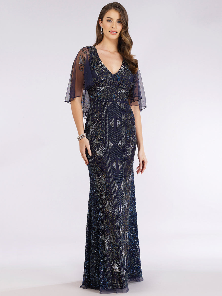 Lara 29393 - Cape Sleeve Beaded Gown