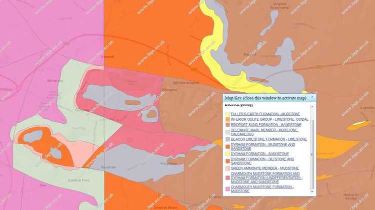 Ilminster and surrounding area geological map showing the Beacon Limestone Formation or the Junction Bed for ammonite collecting fossil hunting