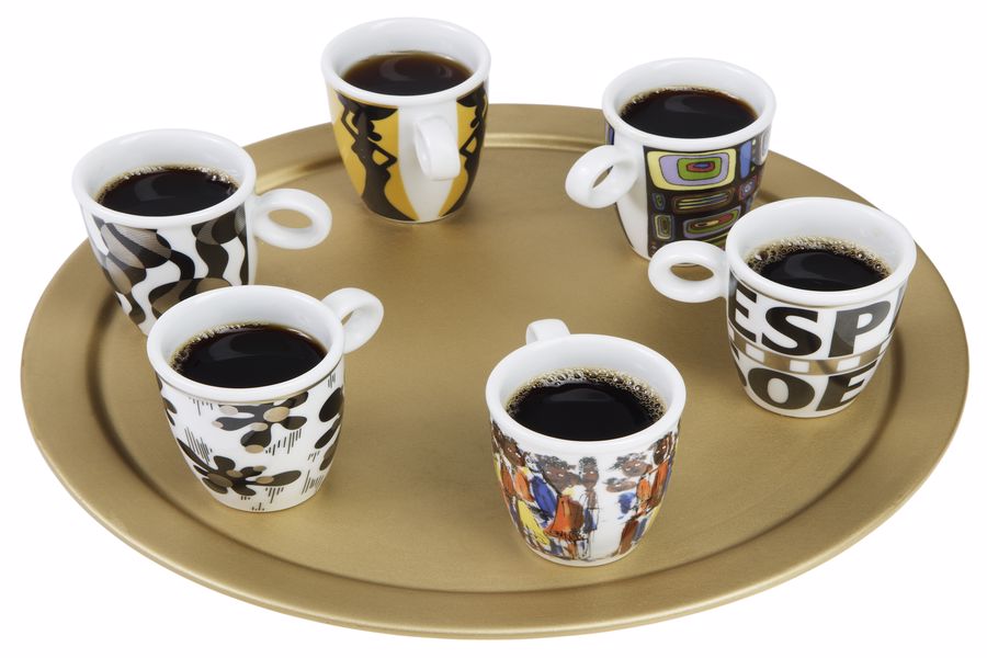 Several cups of coffee placed on a round tray