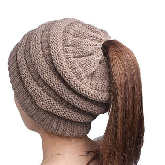 Extra Warm Ponytail Beanie Hat - Brown