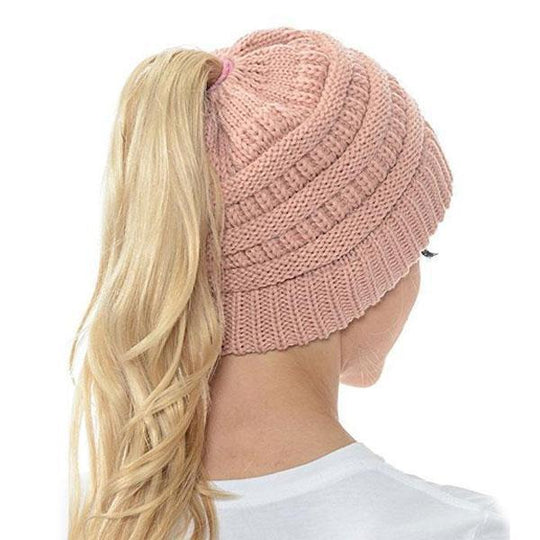 Extra Warm Ponytail Beanie Hat - Pink