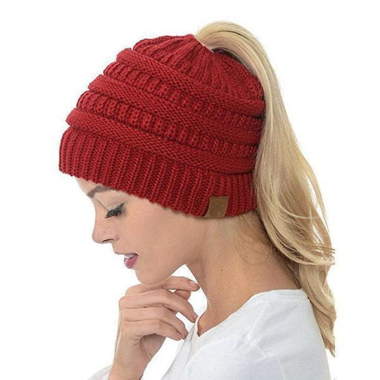 Extra Warm Ponytail Beanie Hat - Red