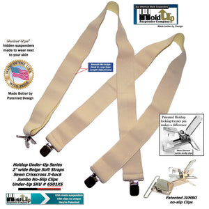 Holdup Undergarment Hidden Light Beige X-back Suspenders with Patented No-slip Silver Clips