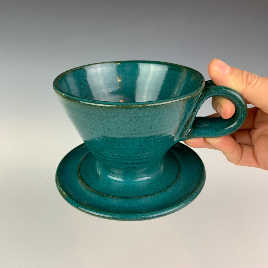Coffee pour over with finger loop handle, wheel-thrown pottery, Teal glaze on red clay