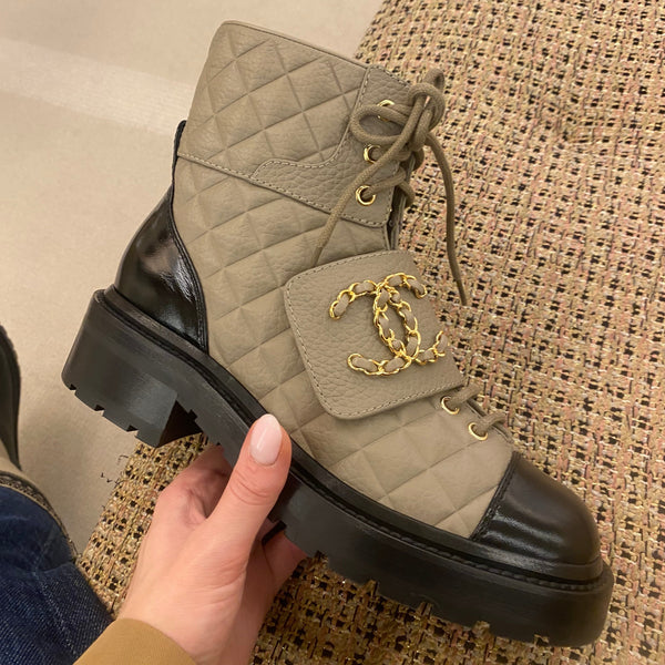 CHANEL Fall-Winter 22/23 grey quilted matt leather lace up boots – hey it's  personal shopper london