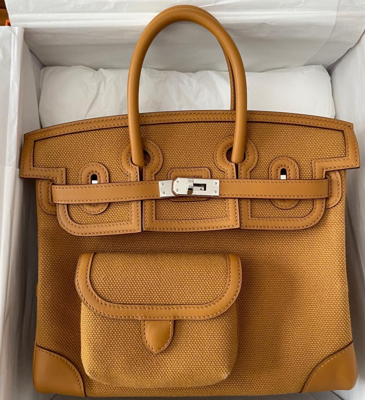 Hermès Birkin 25 Cargo Desert/Sesame Toile Goeland Swift With Silver  Hardware