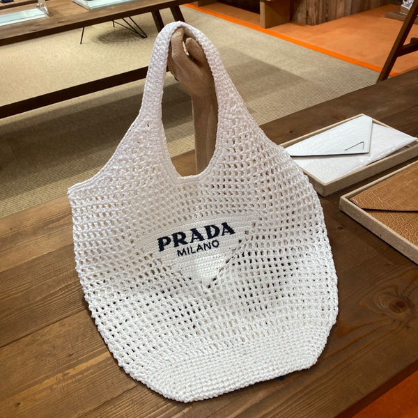 Prada raffia tote bag Milano. Orange, Black, White, Yellow, Tan, Petal  Pink. 