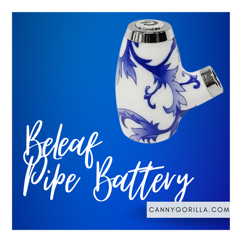 BeLeaf Pipe Battery in blue and white design, available at cannygorilla.com. Perfect box mod vape.