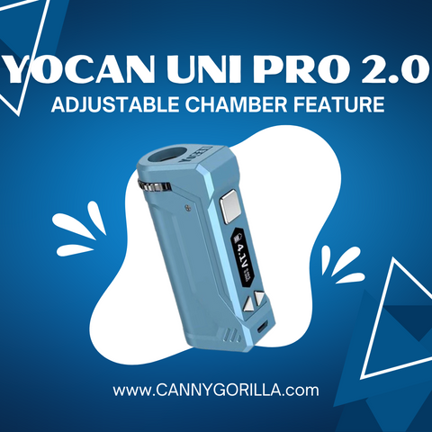 Yocan Uni Pro 2.0 with Adjustable Chamber Feature highlighted on a blue and white background.