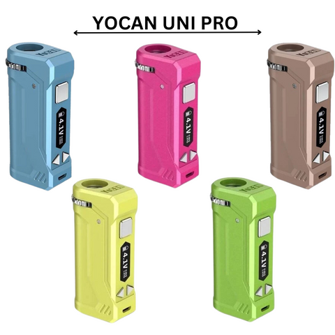 Yocan Uni Pro 2.0 in various colors, including blue, pink, yellow, green, and brown.