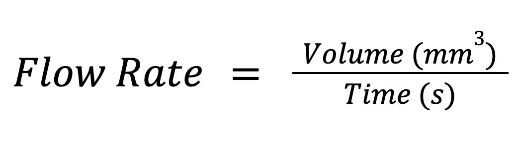 Flow Rate equals volume divided by time equation