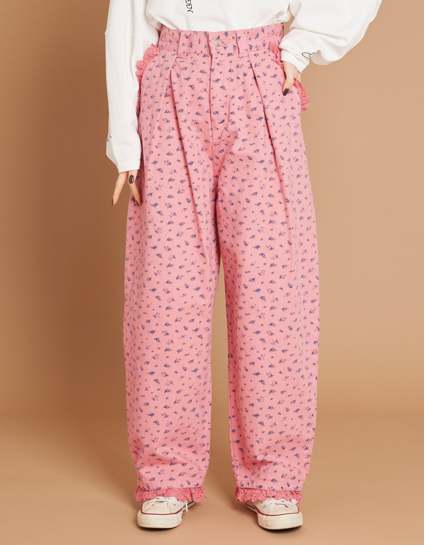 Flower print denim pants / PINK