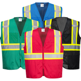 Image of colored safety vests: black, green, red, and blue. Explore our collection of vibrant safety vests.