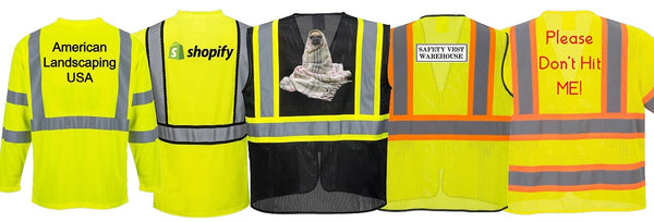 Image of different safety vest and shirts with logo and text printing