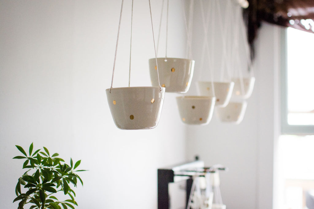 white gold hanging planters