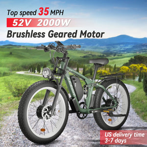 Zeegr S1 52v 2000w ebike full suspension power bicycle 6 inch fat tire hidden dual battery snow beach electric mountain e bike - E Smart Way 